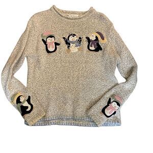 Christopher & Banks hand embroidered novelty penguins small Ramie blend sweater